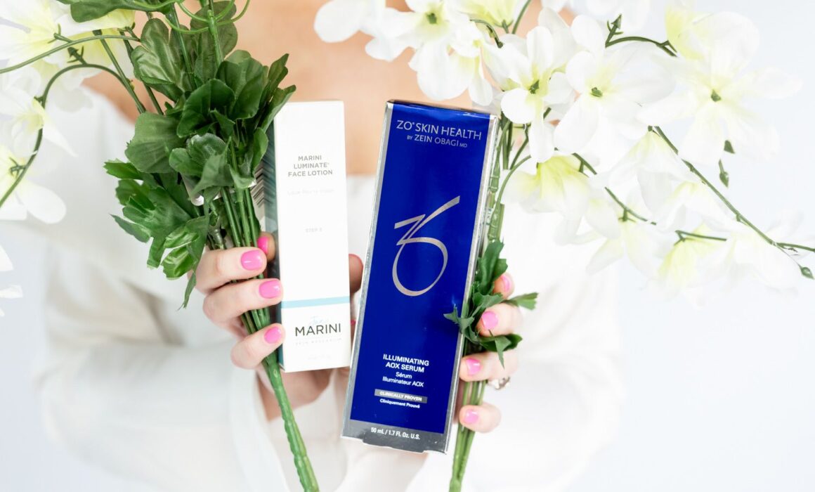 Medical-grade skincare products including ZO Skin Health, SkinCeuticals, and Marini used for improving skin tone, texture, and clarity