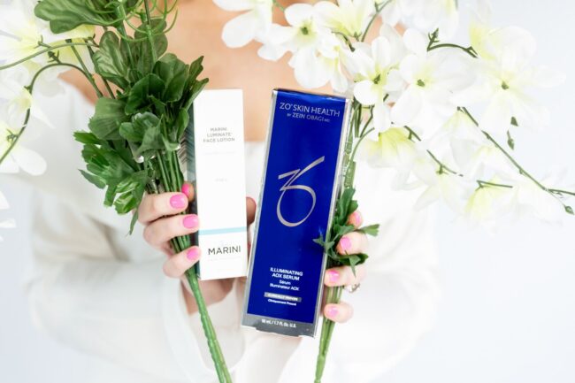 Medical-grade skincare products including ZO Skin Health, SkinCeuticals, and Marini used for improving skin tone, texture, and clarity