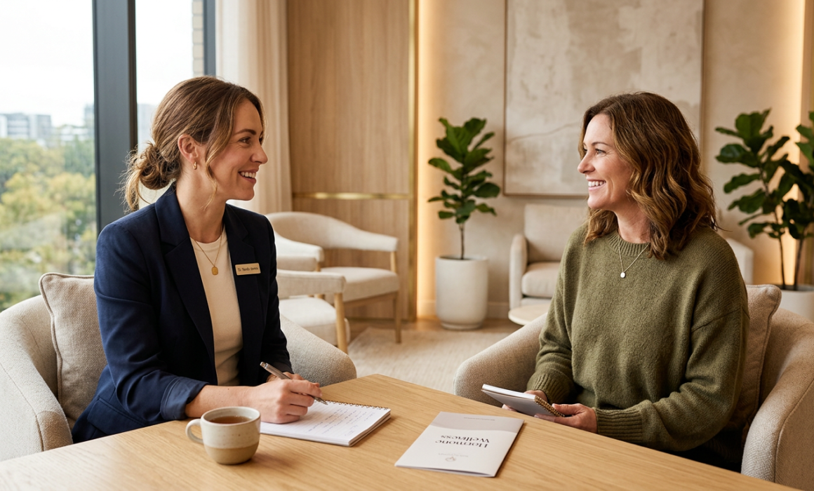 A woman consulting with a wellness specialist about menopause and perimenopause treatment options in Edmond, Oklahoma.
