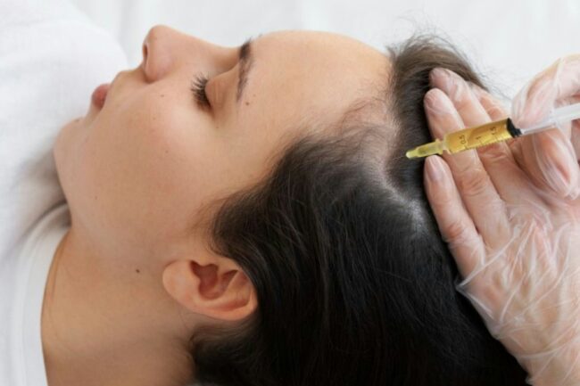 Patient receiving a non-surgical hair restoration consultation at a medical aesthetics clinic in Edmond Oklahoma.